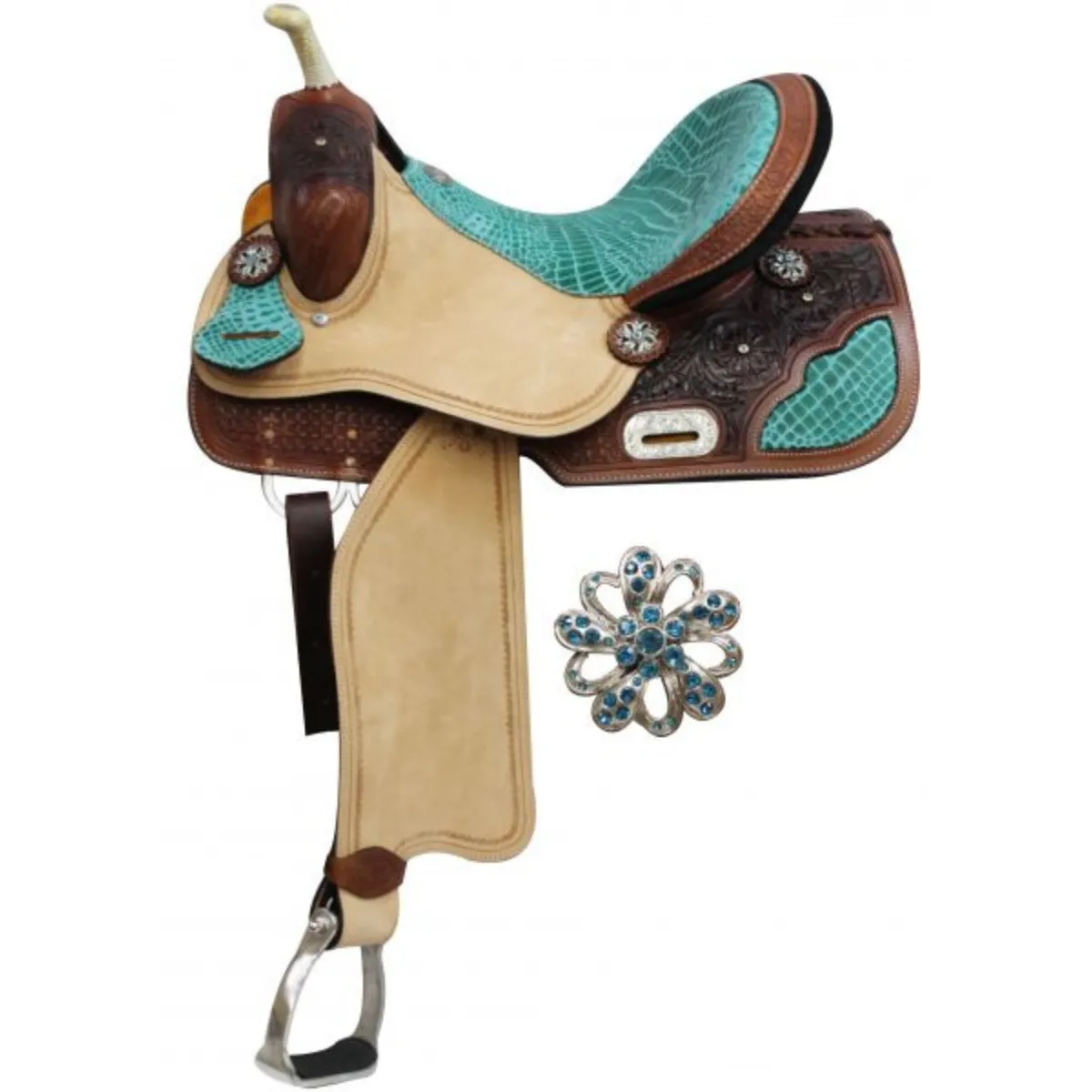 14-16" DOUBLE T BARREL STYLE SADDLE WITH TEAL ALLIGATOR PRINT ACCENTS