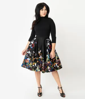 1950s Style Black Double Border Floral Print Swing Skirt