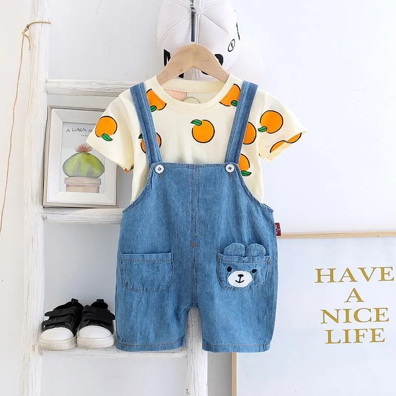 2pcs Fashion Bear Cartoon Print T-shirt and Jumpsuits