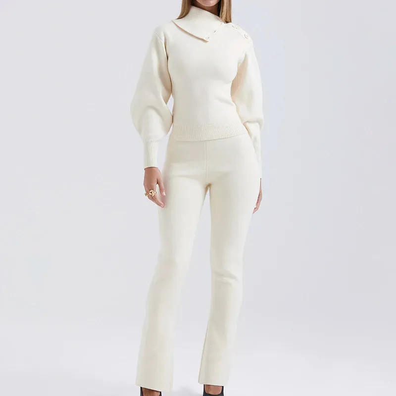 A&A Two Piece High Neck Turn Down Collar and Flared Pants Knit Set