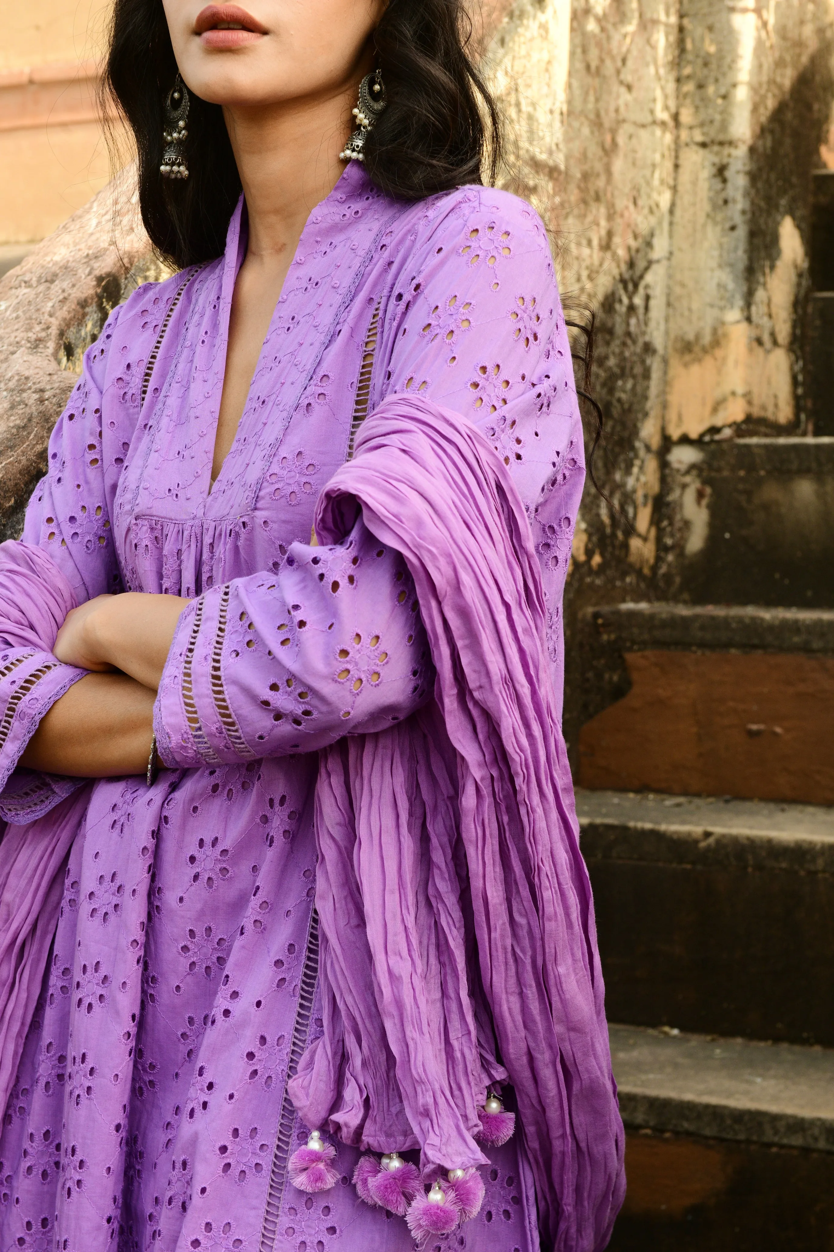 Aaravi Dyed Schiffli Lilac Suit Set