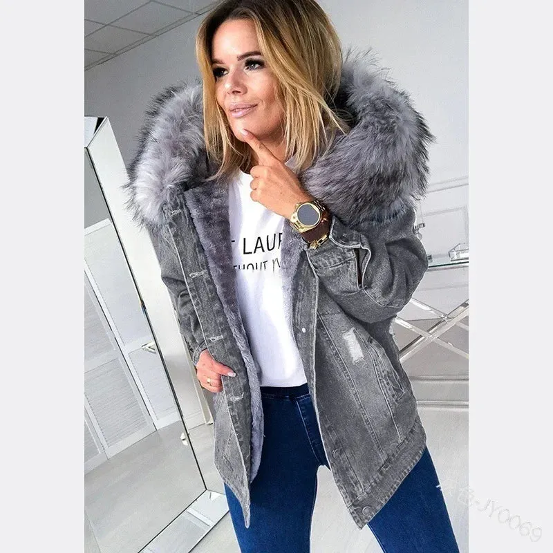 Autumn Fashion Retro Big Fur Collar Distressed Temperament Stitching Jackets