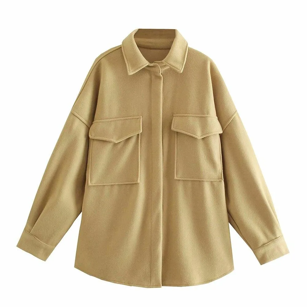 Autumn Women Khaki Loose Jacket Vintage Lapel Long Sleeve Oversized