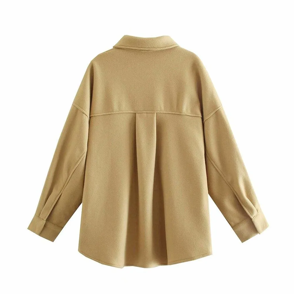 Autumn Women Khaki Loose Jacket Vintage Lapel Long Sleeve Oversized