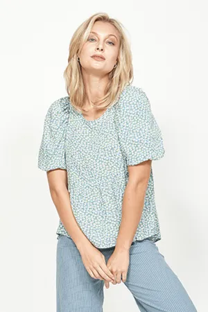 Beached SS Puff Blue Floral Top