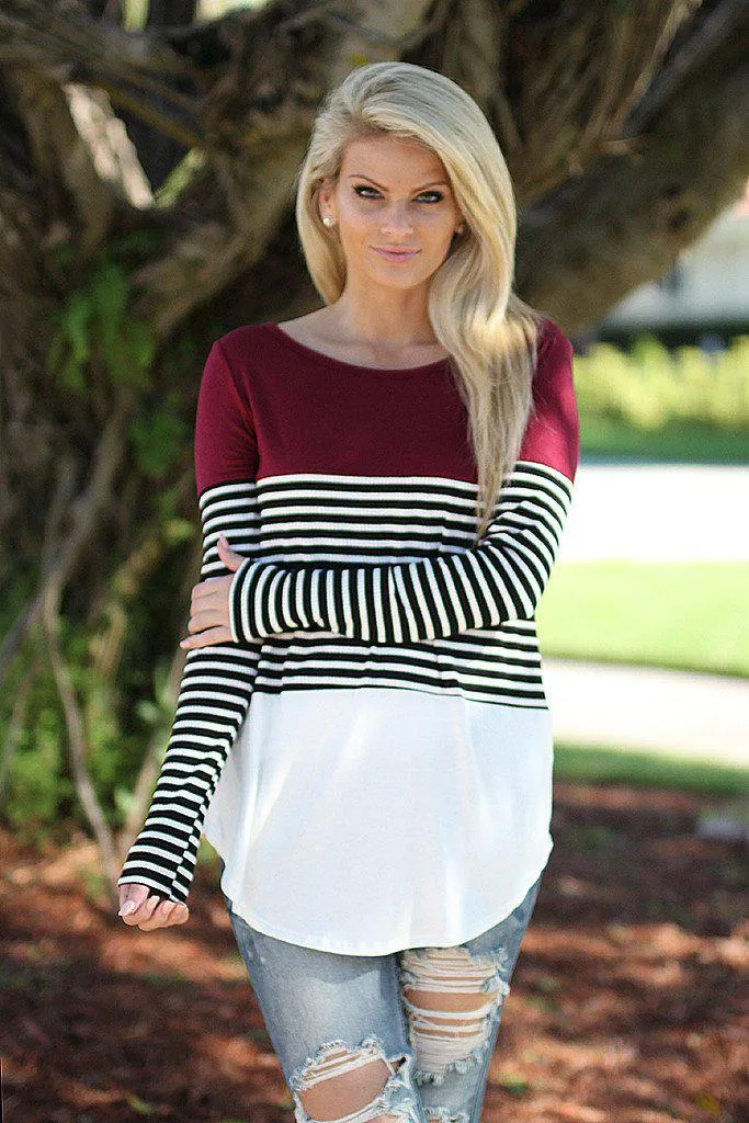 Black and Burgundy Striped Top