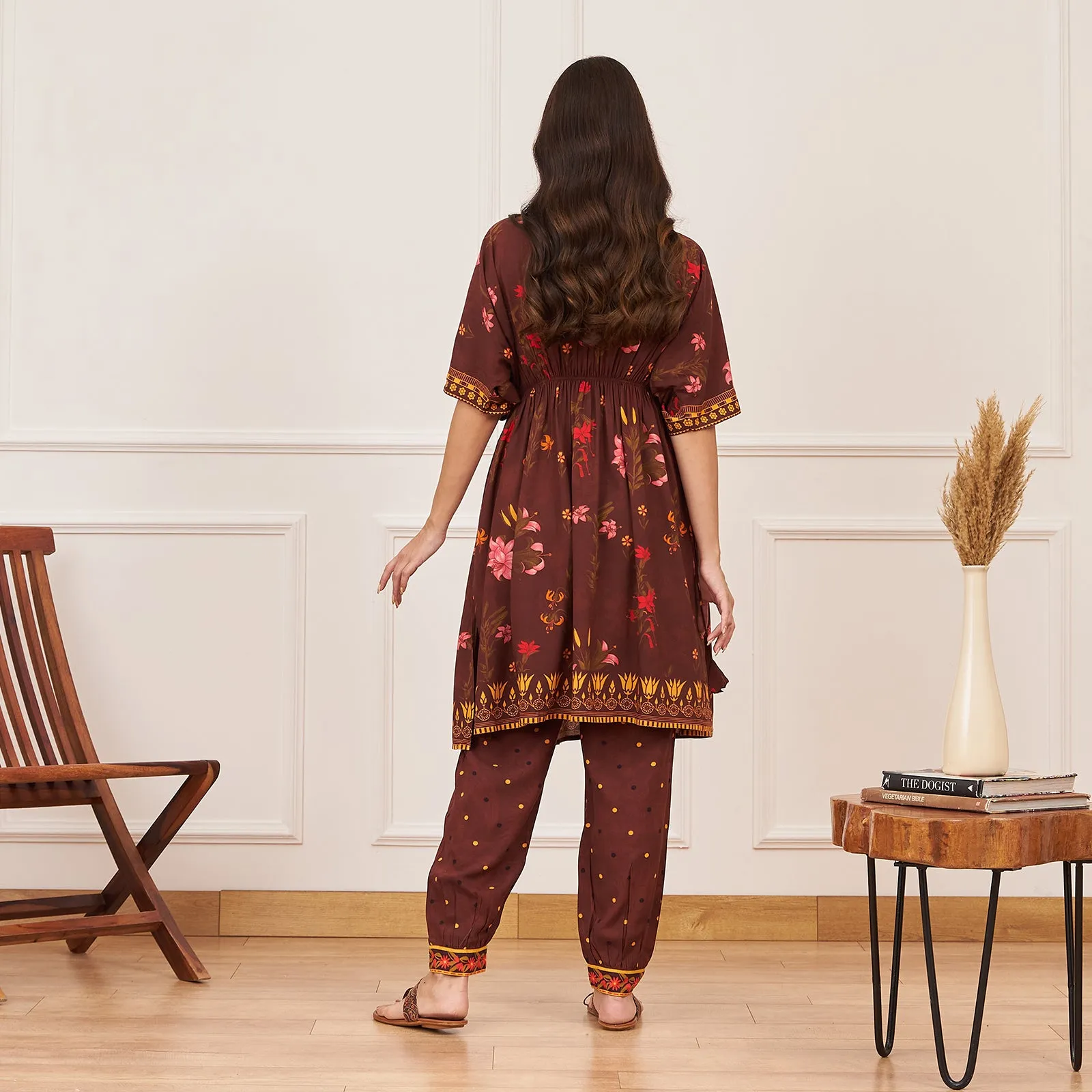 Brown Floral Drawstring Kurta Salwar Co ord Set