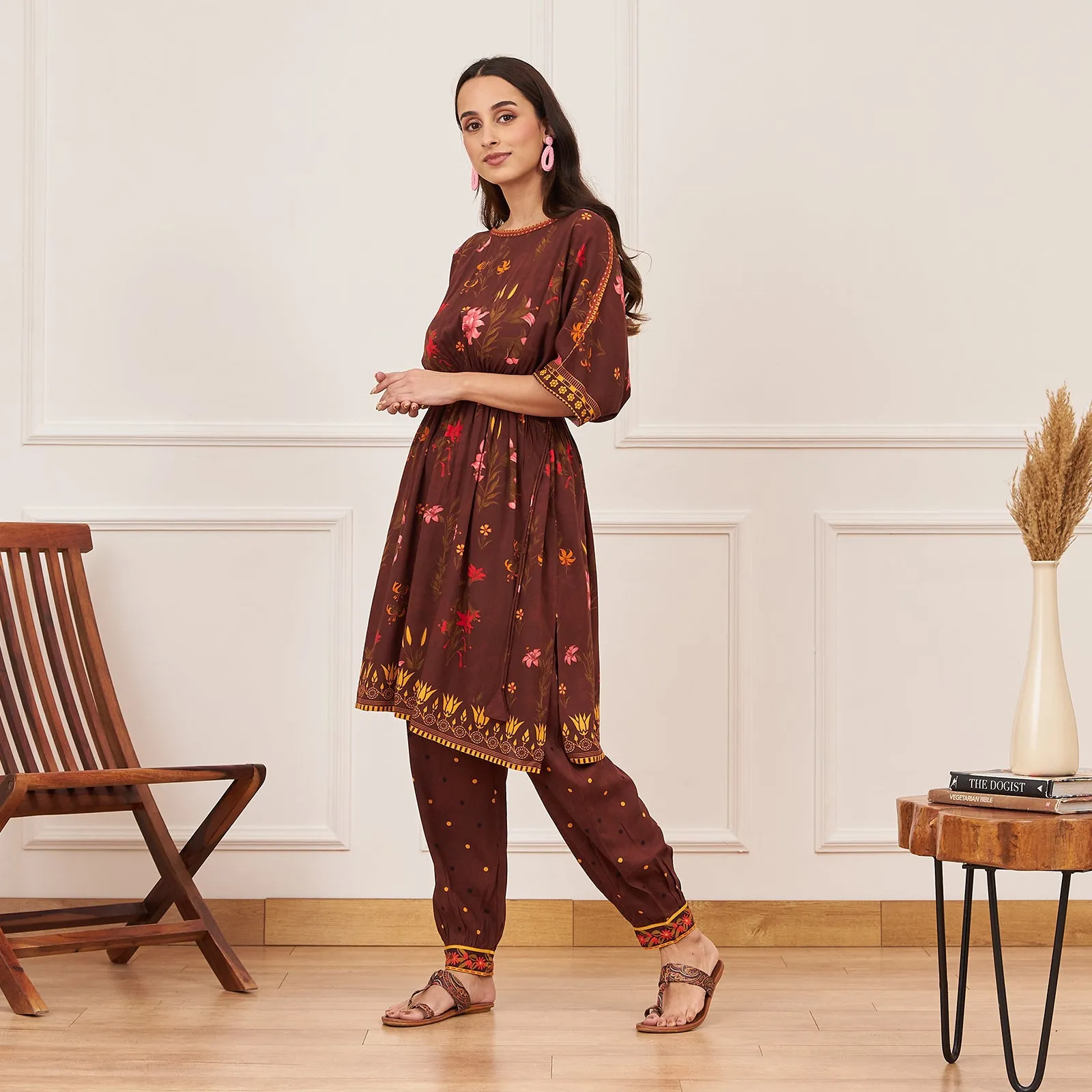 Brown Floral Drawstring Kurta Salwar Co ord Set