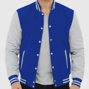 Buy Mens New Style Baseball Style Grey and Royal Blue Varsity Jacket In Discount Prices