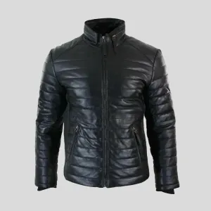 Buy Mens Real Black Leather Genuine Quilted Puffer Zipped Style Jacket