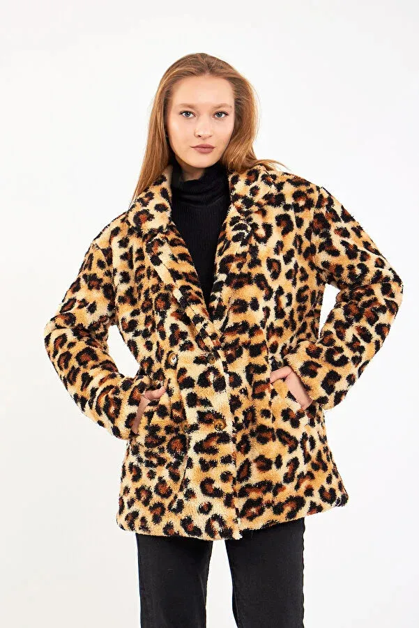 By Gecce Womn's Four Button Plush Lined Leopard Patterned Coat