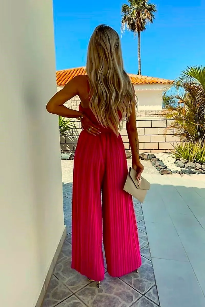 Candy Pink Plisse Pleat Buckle Belt Wide Leg Jumpsuit