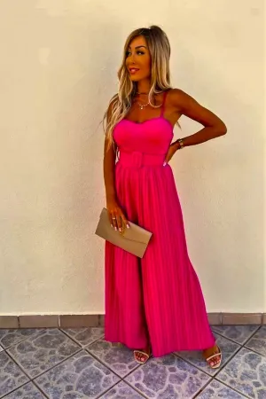 Candy Pink Plisse Pleat Buckle Belt Wide Leg Jumpsuit