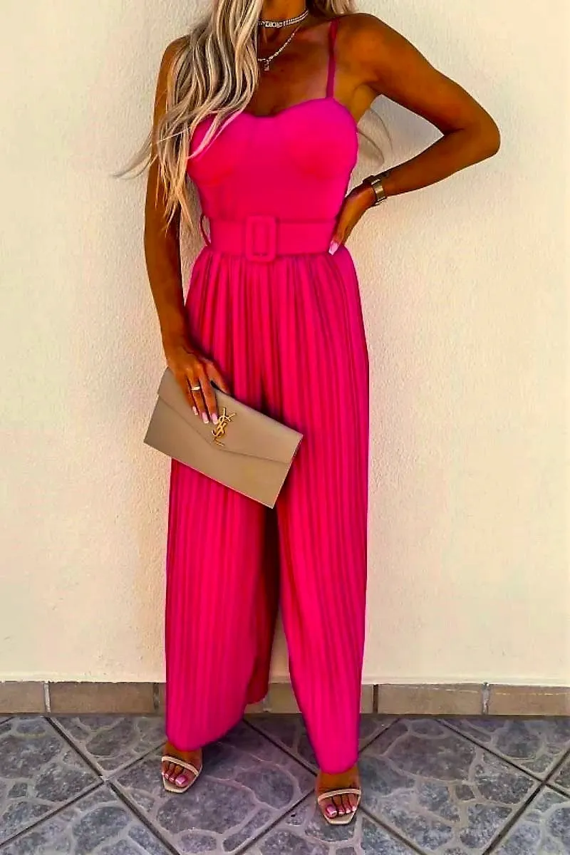 Candy Pink Plisse Pleat Buckle Belt Wide Leg Jumpsuit