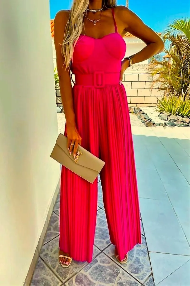 Candy Pink Plisse Pleat Buckle Belt Wide Leg Jumpsuit