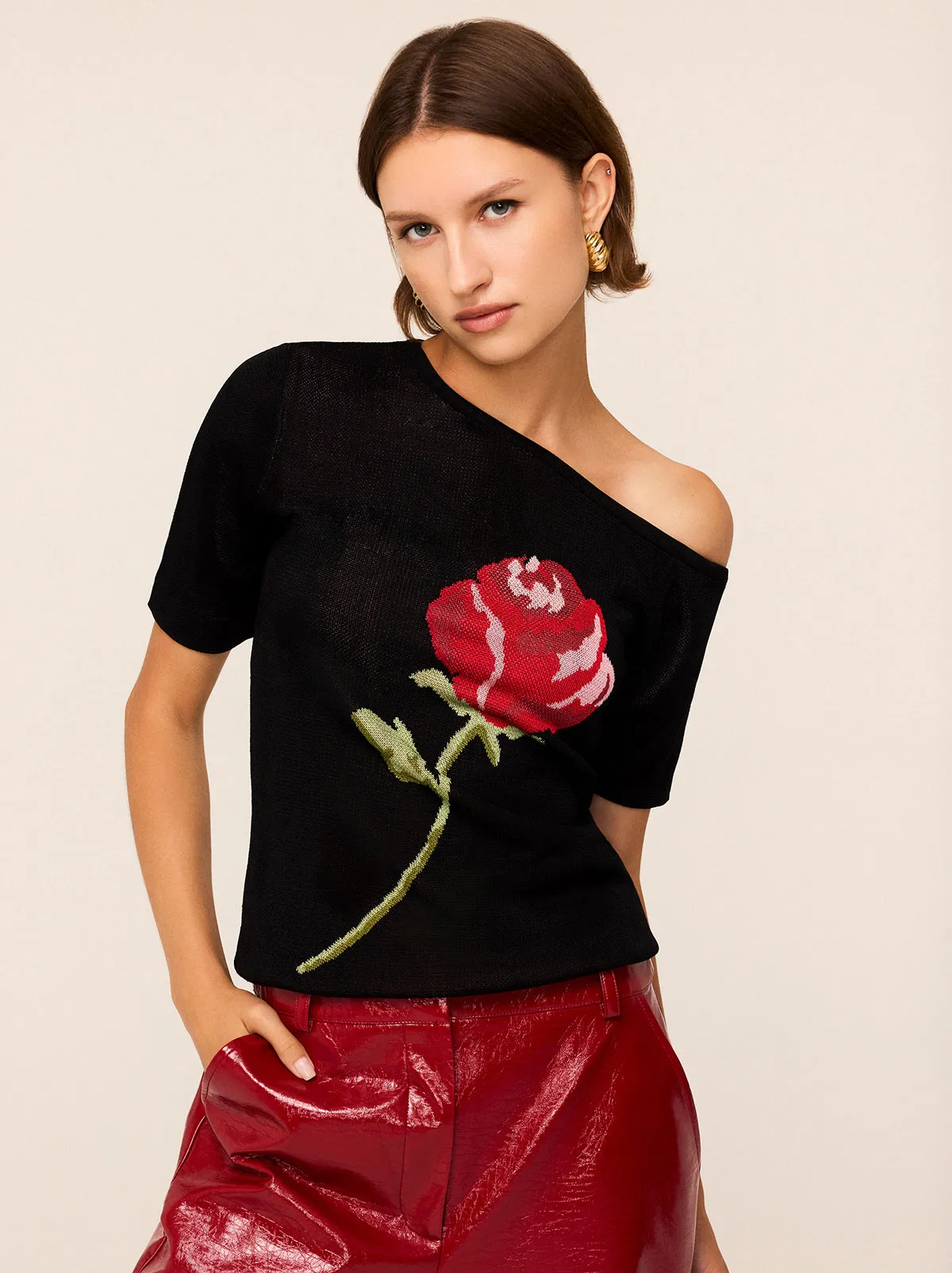 Cate Black Rose Knit Top