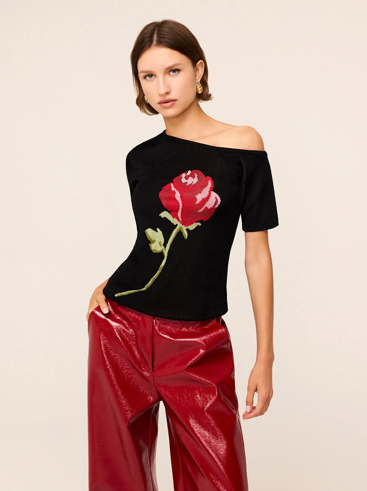 Cate Black Rose Knit Top