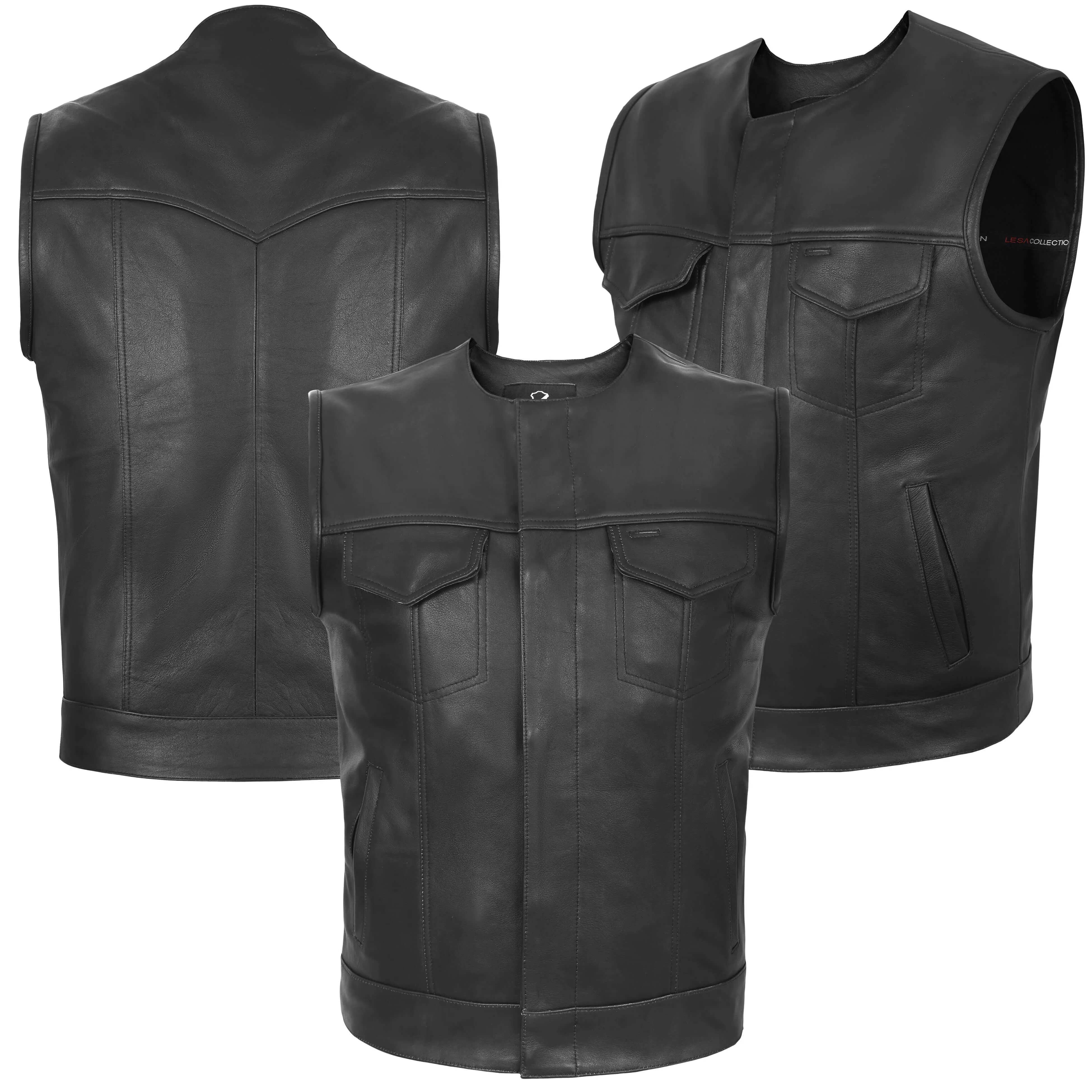 Collarless Leather Motorcycle Cut Off SOA Style Black