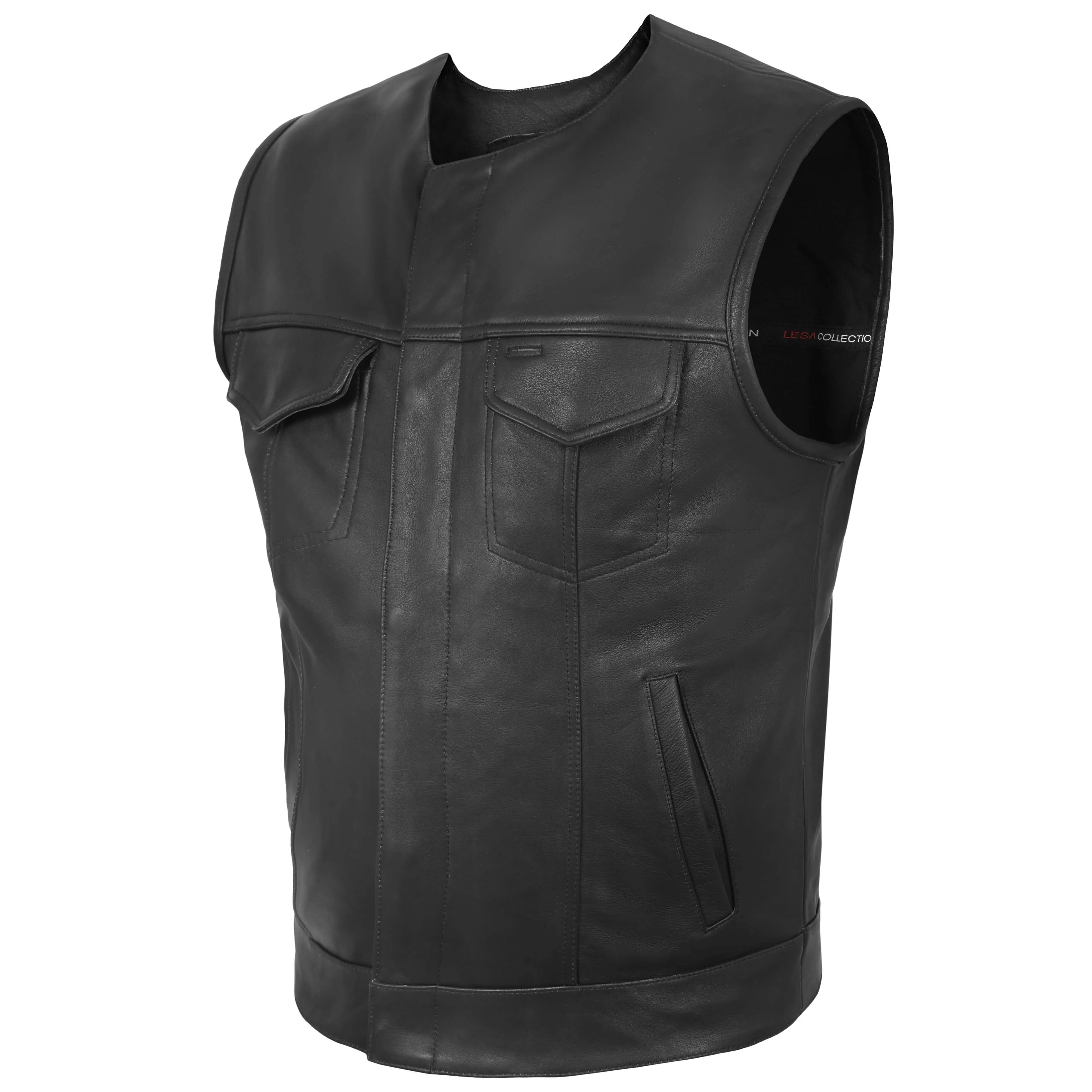 Collarless Leather Motorcycle Cut Off SOA Style Black