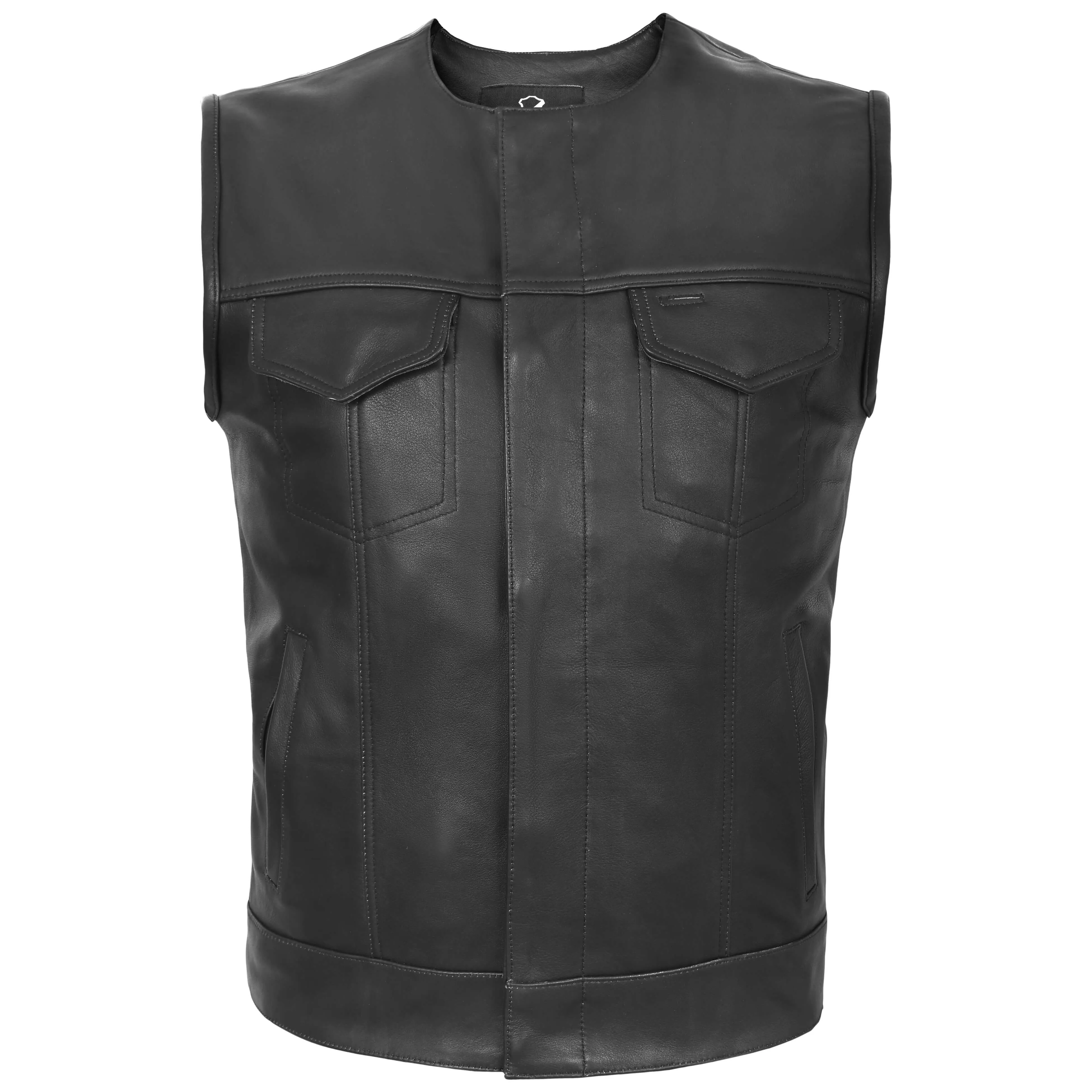 Collarless Leather Motorcycle Cut Off SOA Style Black