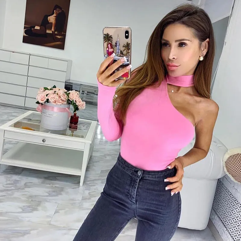 Cotton halter one shoulder Choker Long Sleeve bodysuit