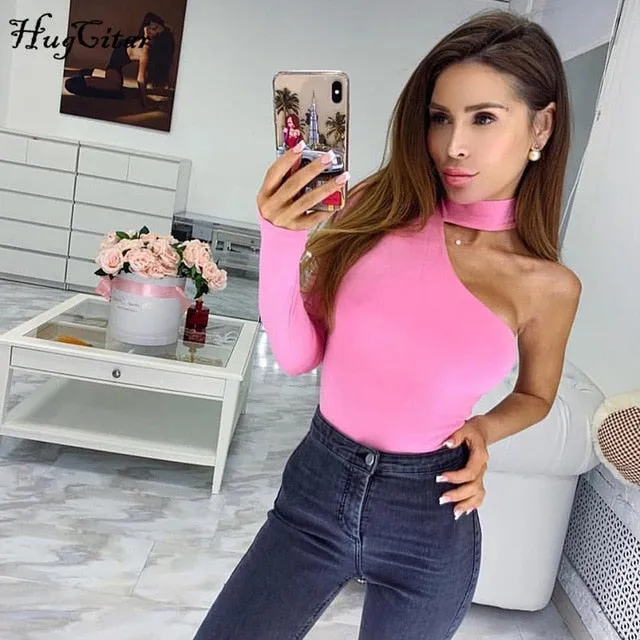 Cotton halter one shoulder Choker Long Sleeve bodysuit