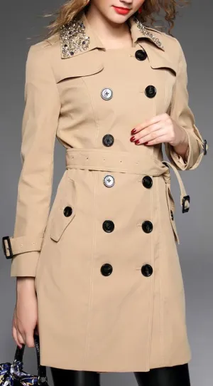 Embellished-Collar Trench Coat in Khaki or Red