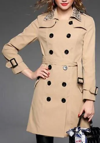 Embellished-Collar Trench Coat in Khaki or Red