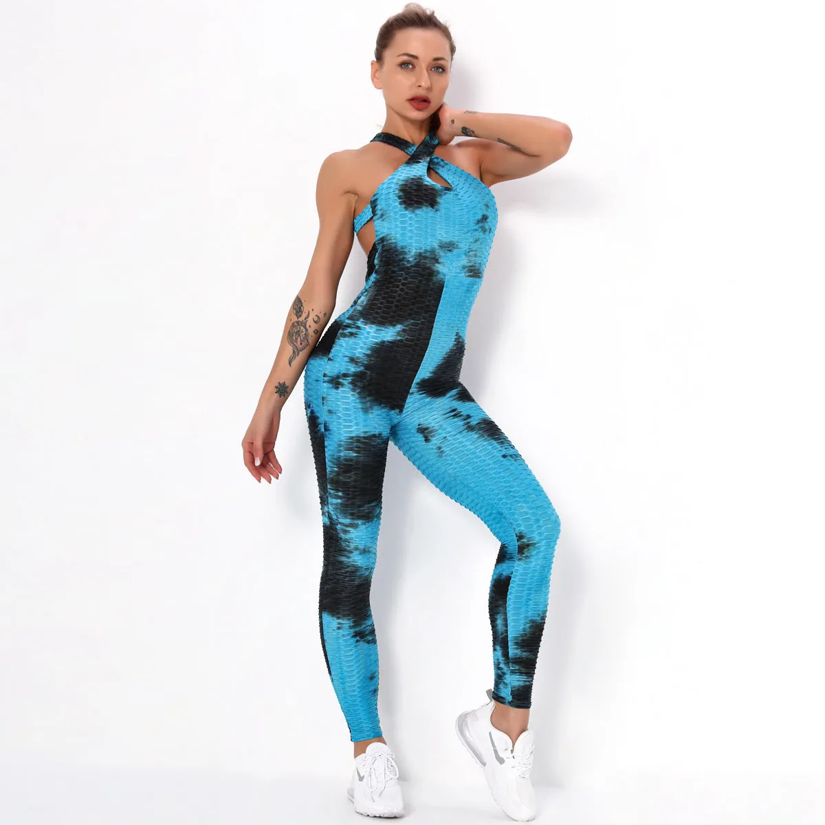 European and American Sexy Cross Tie-Dyed Beauty Back Yoga Suit Women's Fitness Sports Bubble Multi-Color One-Piece