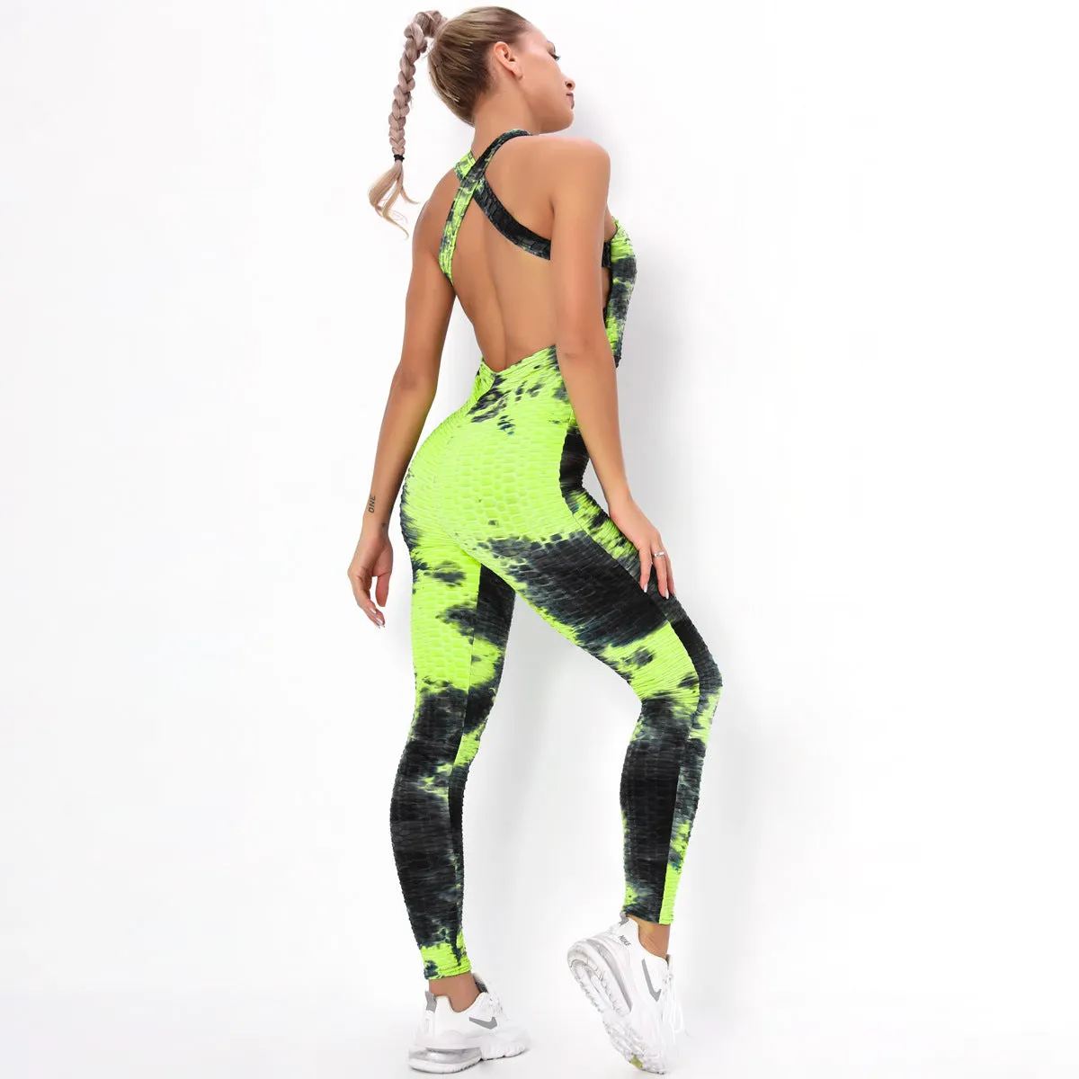 European and American Sexy Cross Tie-Dyed Beauty Back Yoga Suit Women's Fitness Sports Bubble Multi-Color One-Piece