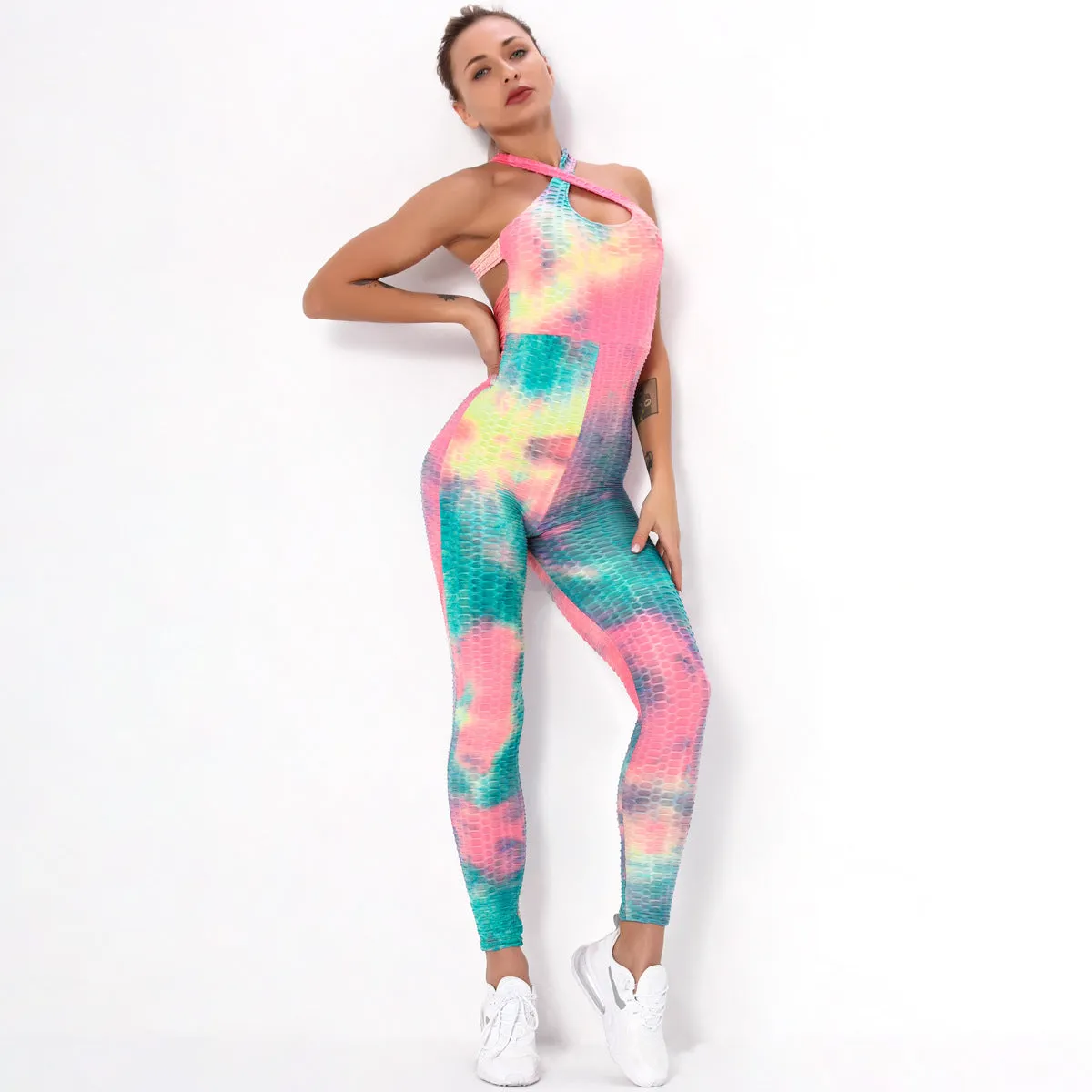 European and American Sexy Cross Tie-Dyed Beauty Back Yoga Suit Women's Fitness Sports Bubble Multi-Color One-Piece