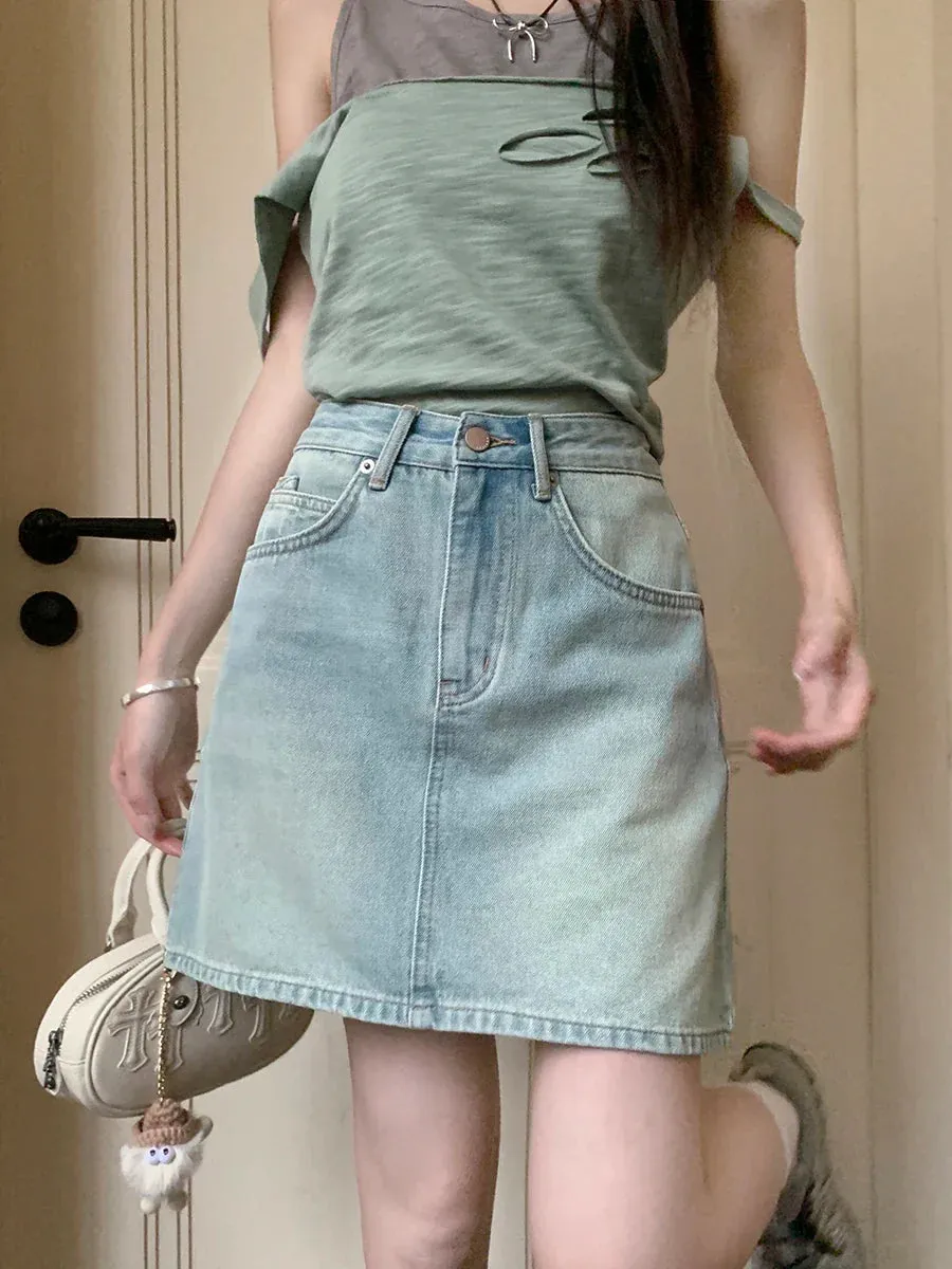 Fashion Korean Mini Summer Street Style Vintage Denim Skirt