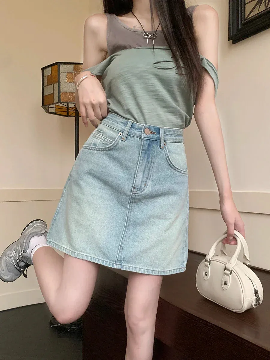 Fashion Korean Mini Summer Street Style Vintage Denim Skirt