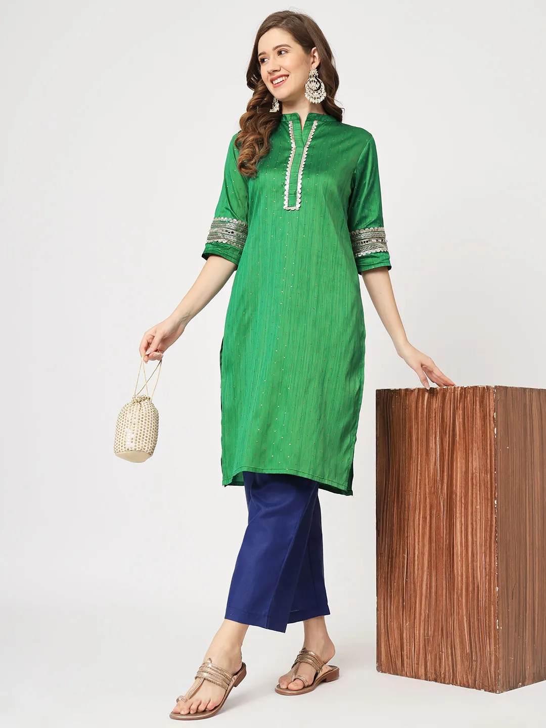 Festive Placket Embroidered Kurta With Contrasting Pants