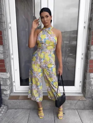 Floral Print Tie Neck Sleeveless Jumpsuit