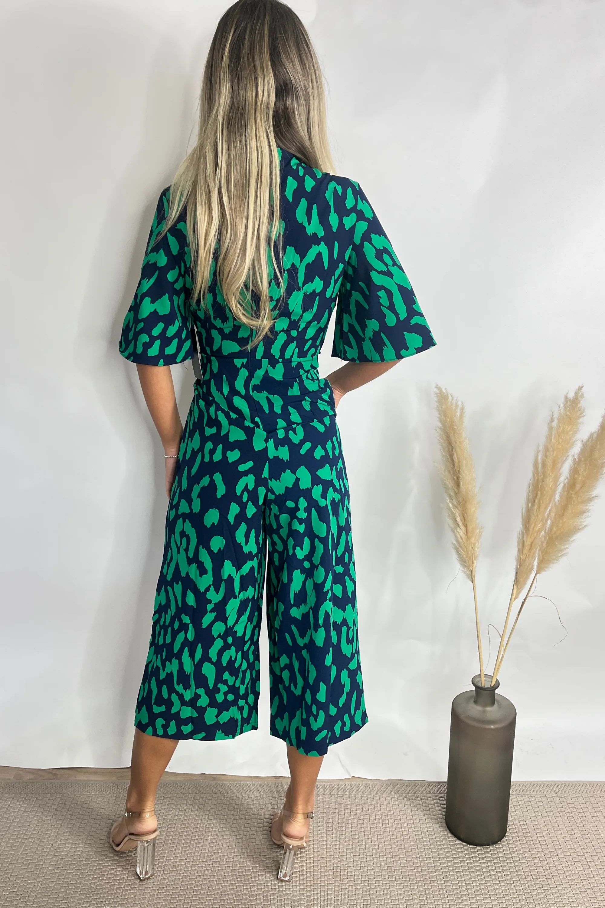 Green & Navy Printed Tie Front Wide Leg Jumpsuit