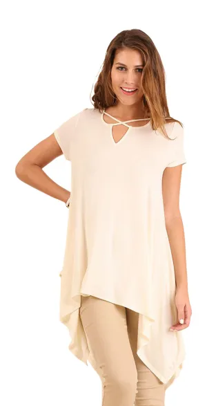 Handkerchief Hem Short Sleeve Tunic Top, Cream