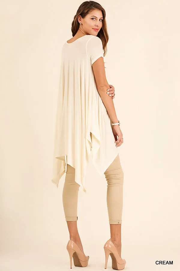 Handkerchief Hem Short Sleeve Tunic Top, Cream