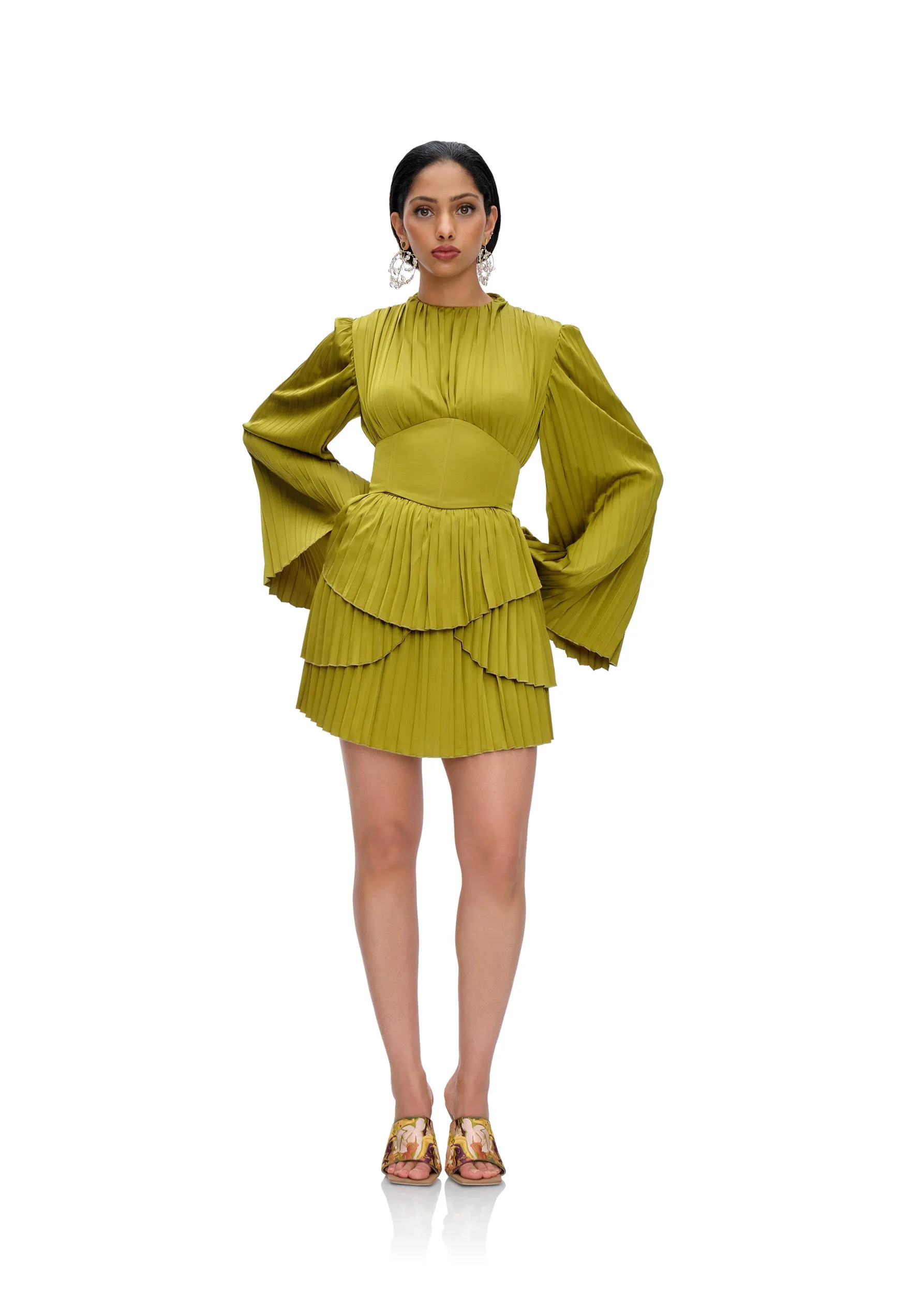 LENTI PLEATED MINI DRESS - LIME