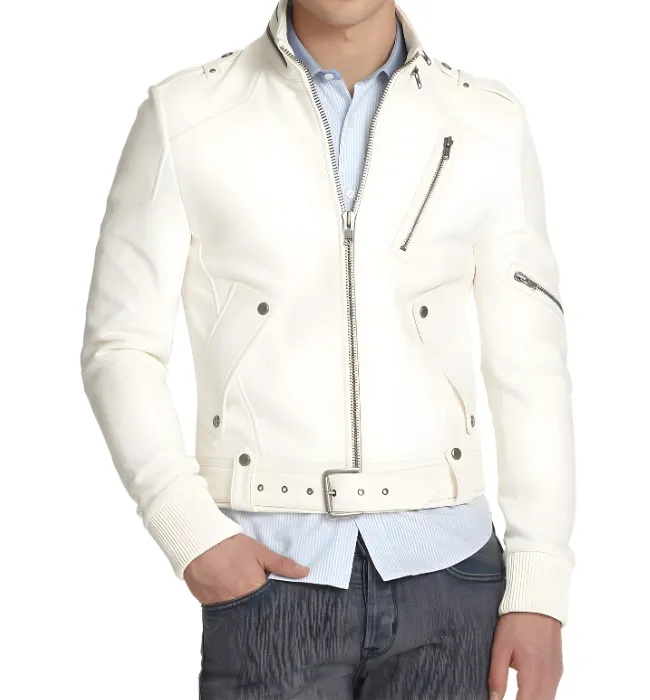 Mens Racer Moto Biker White Leather Jacket