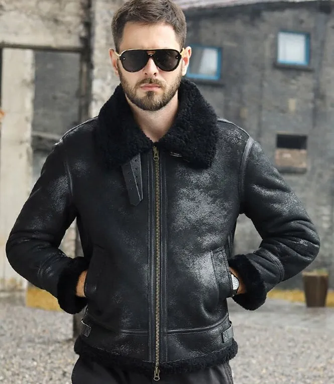 Mens Winter Style Black Snuff Fur Leather Jacket