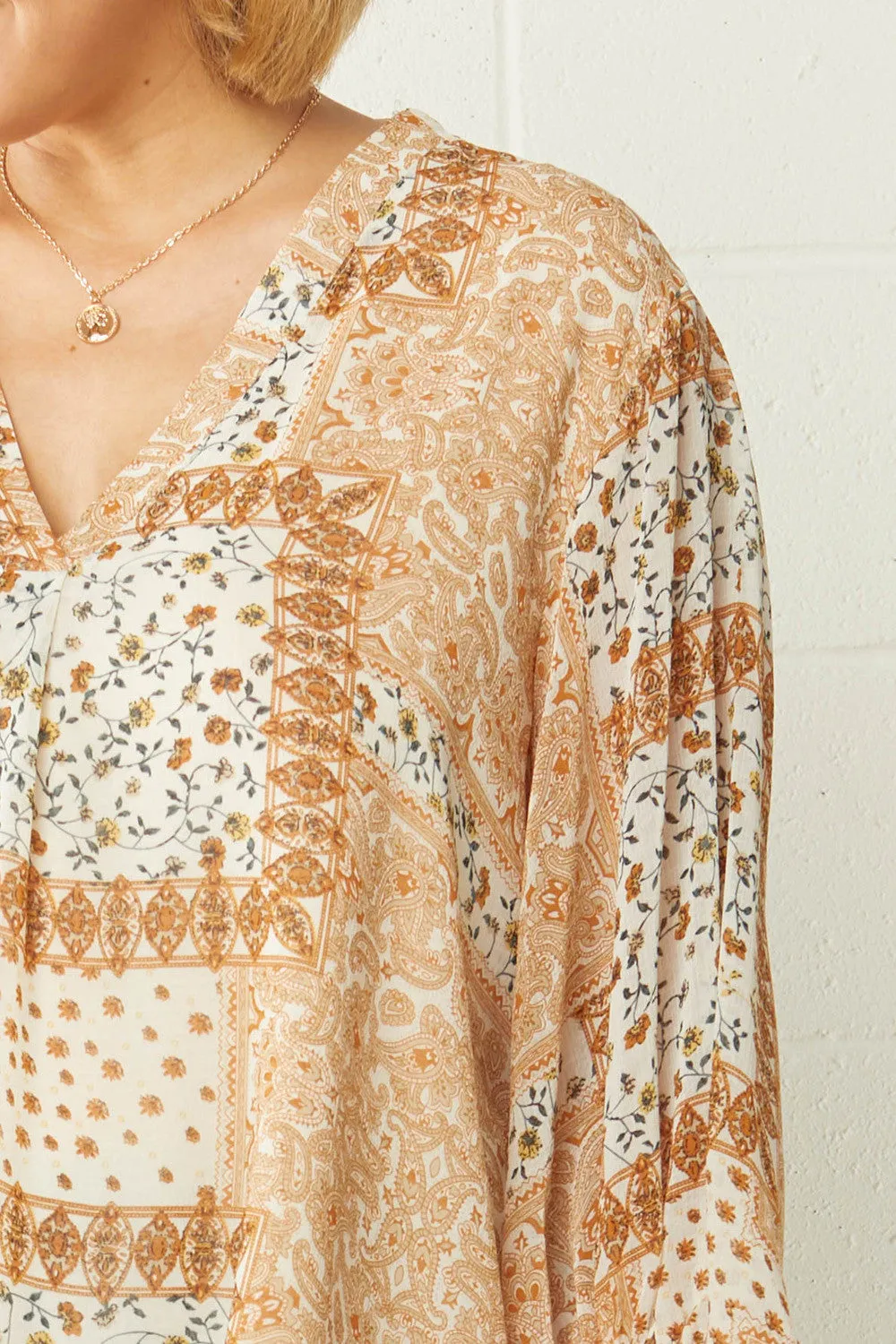 Mixed Print Bubble Sleeve Blouse