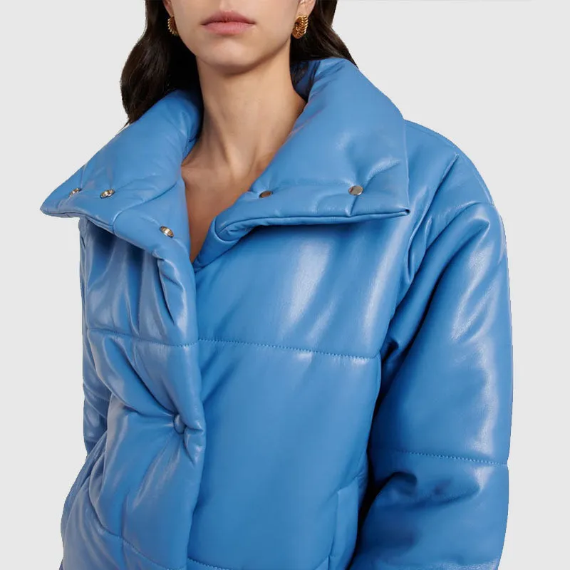 New Style For Women Hide Faux Leather Puffer Jacket For Sale