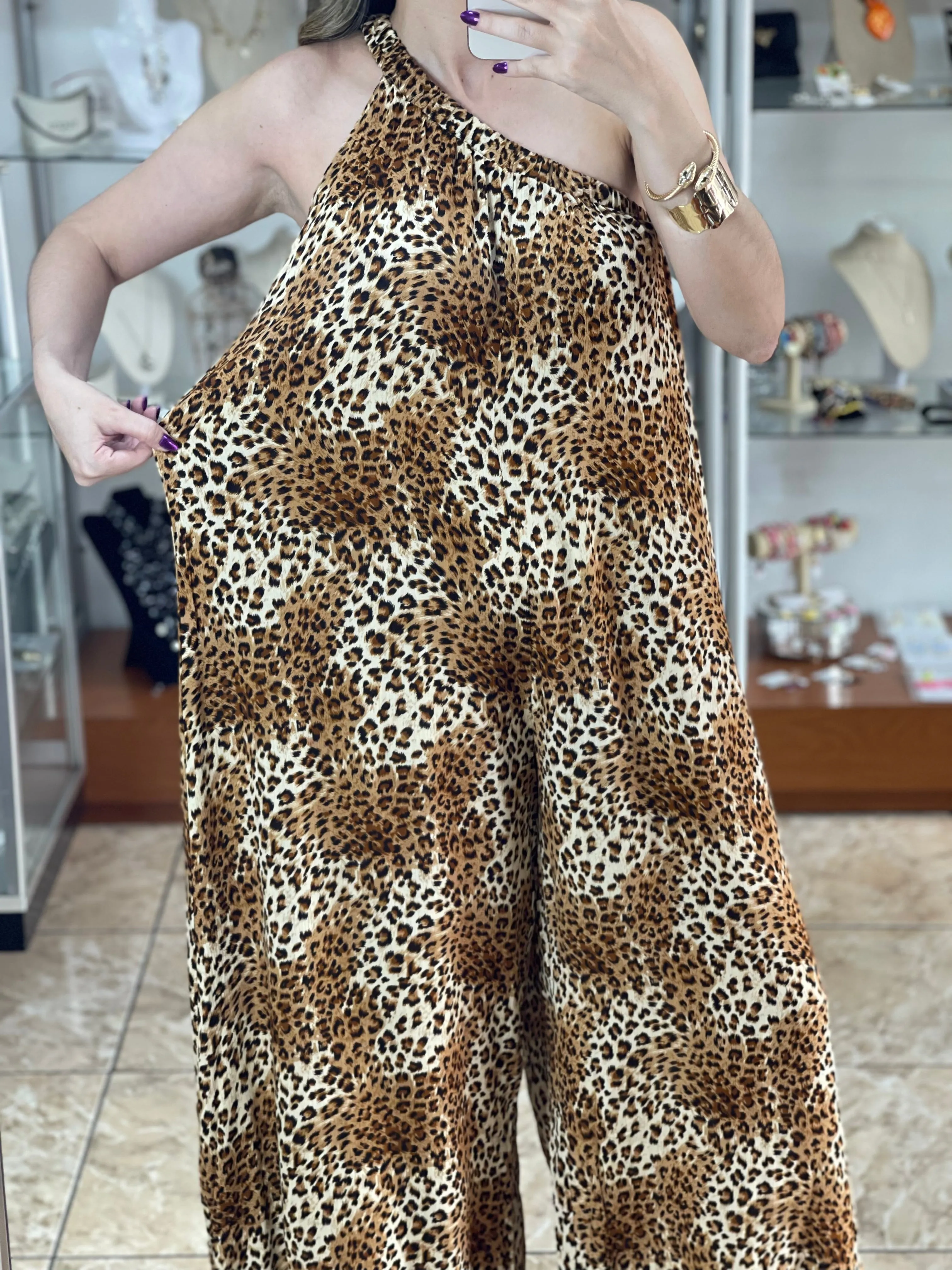 One Shoulder Animal Print Jumpsuit