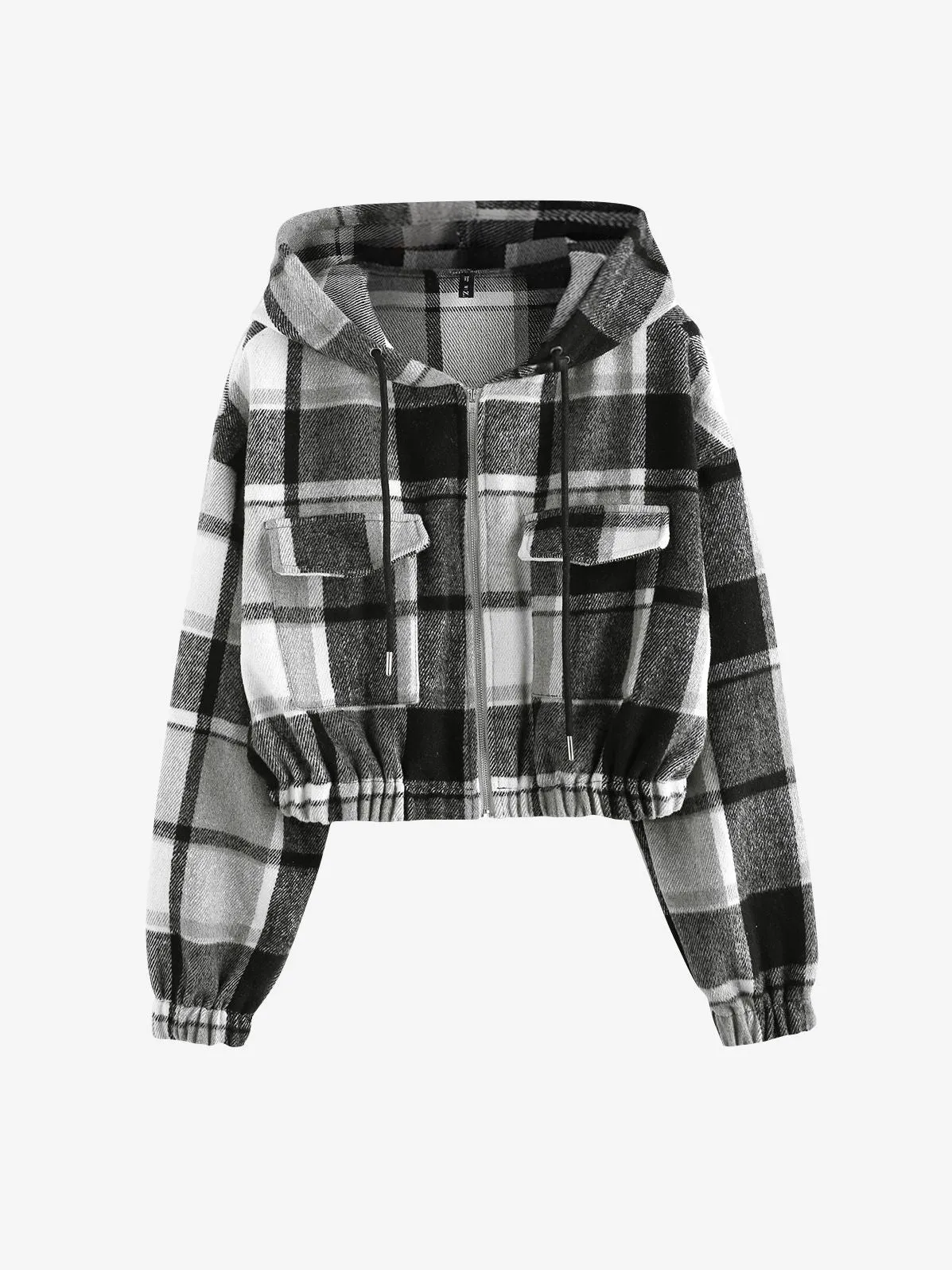 Plaid Flannel Flap Pocket Zip Hooded Jacket Women's Drop Shoulder Coat Zip Up Short Jacket Winter Outwear