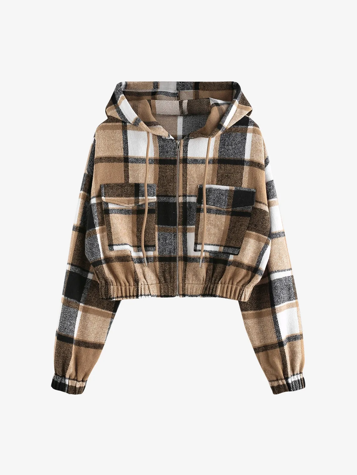 Plaid Flannel Flap Pocket Zip Hooded Jacket Women's Drop Shoulder Coat Zip Up Short Jacket Winter Outwear