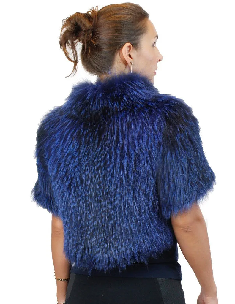 ROYAL BLUE CANADIAN SILVER FOX FUR SHORT SLEEVED BOLERO JACKET