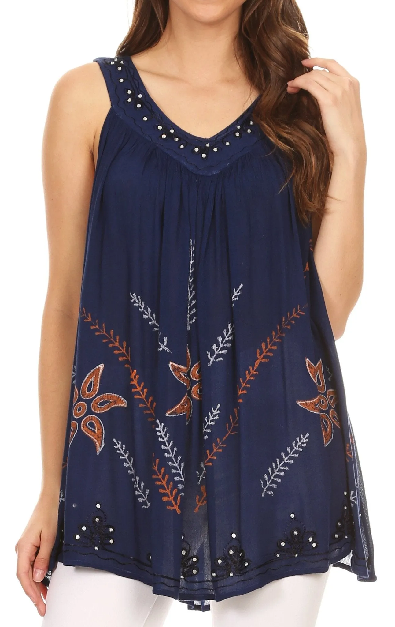 Sakkas Tara V Neck Sleeveless Soft Crinkled Embroidered Casual Tank Top Blouse