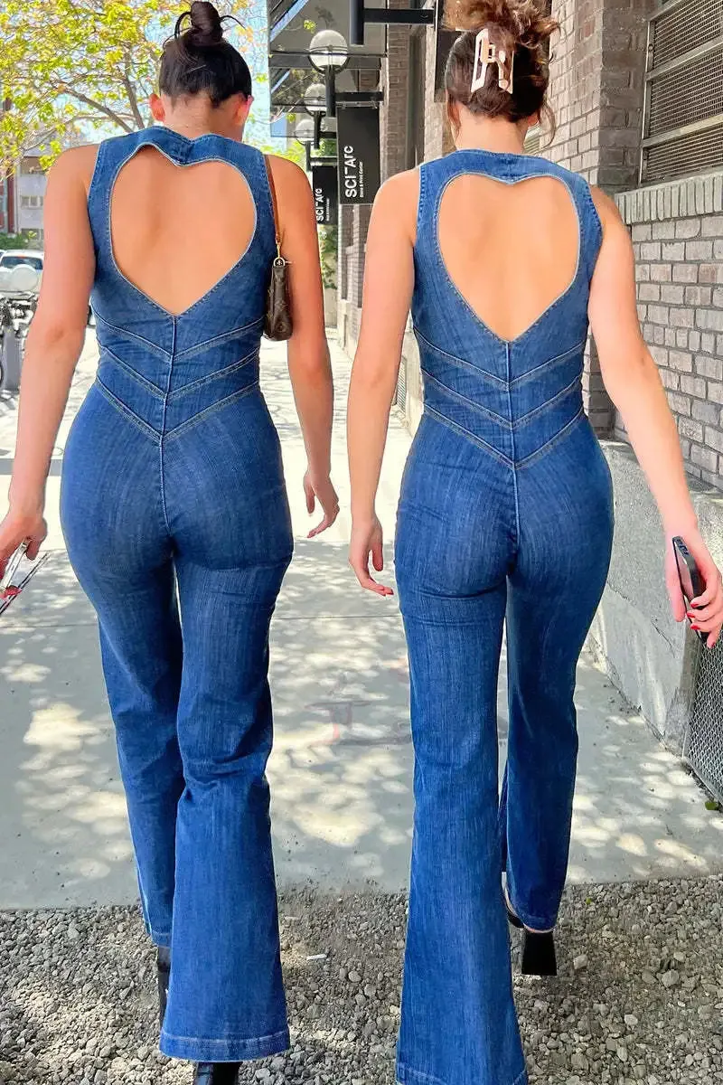 Trendy Sleeveless High Waist Denim Heart Backless Jumpsuit