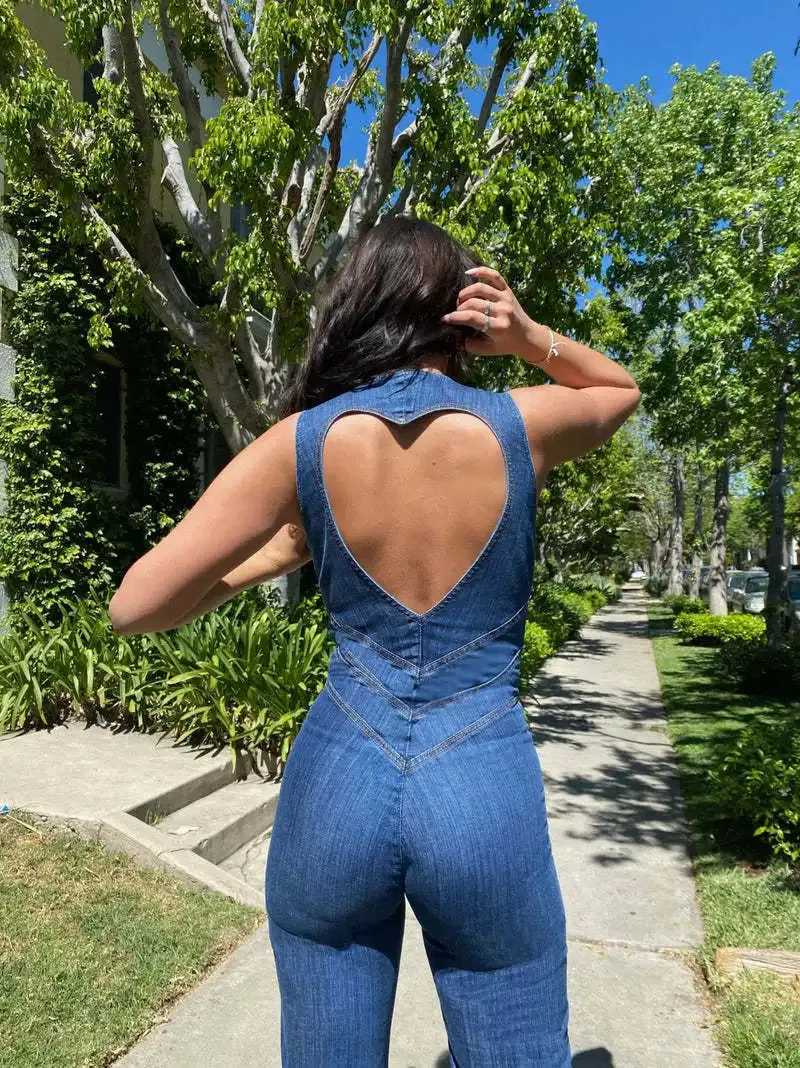 Trendy Sleeveless High Waist Denim Heart Backless Jumpsuit